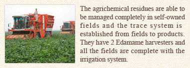 The agrichemical residues are able to be managed completely in self-owned  fields and the trace system is    established from fields to products. They have 2 Edamame harvesters and all the fields are complete with the irrigation system.